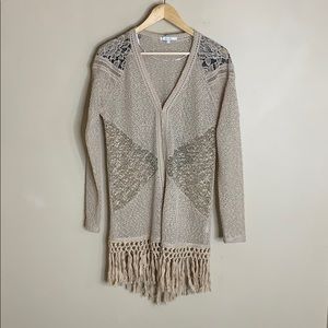 Miss me cream cardigan with lace and fringe